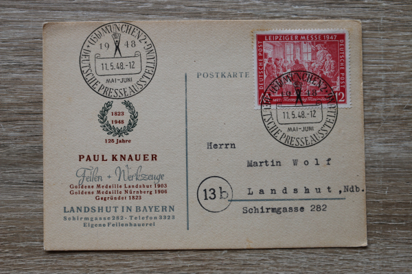 AK München / 1948 / Geschäftspost / Deutsche Presse Ausstellung / Firma Paul Knauer Feilen und Werkzeuge Landshut Bayern